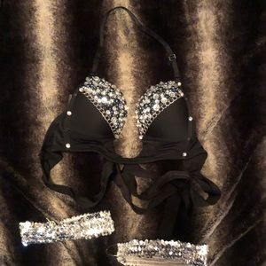 Bedazzled Bra top with sequin garters. Tie back.